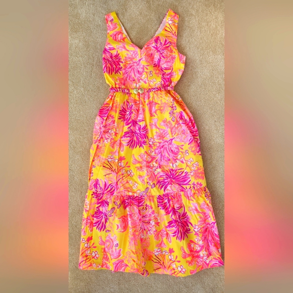 Lilly Pulitzer Bri V-Neck Cotton Midi Dress Calla Yellow Floral Coral SZ 4